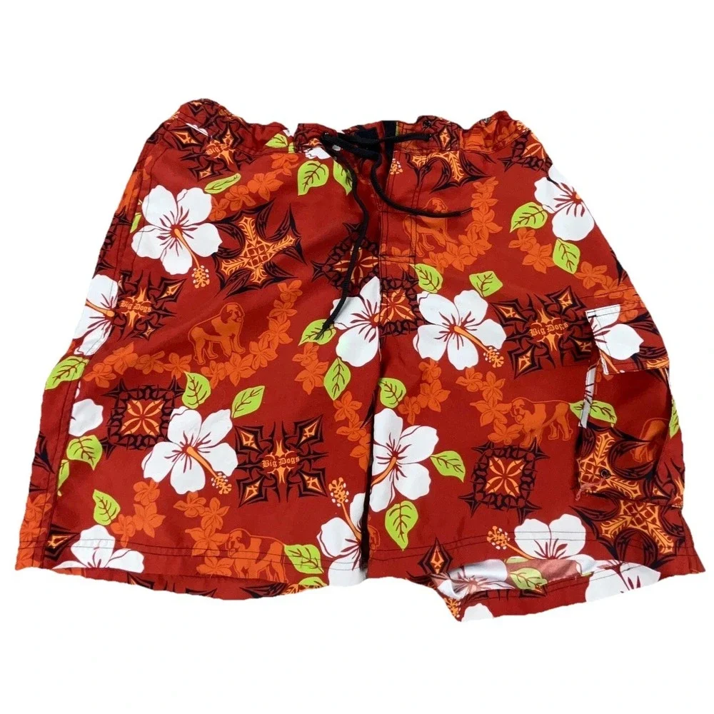 Big Dogs Swim Trunks Men Medium Red Floral Bored Shorts Surfing Hawaiian Beach‎