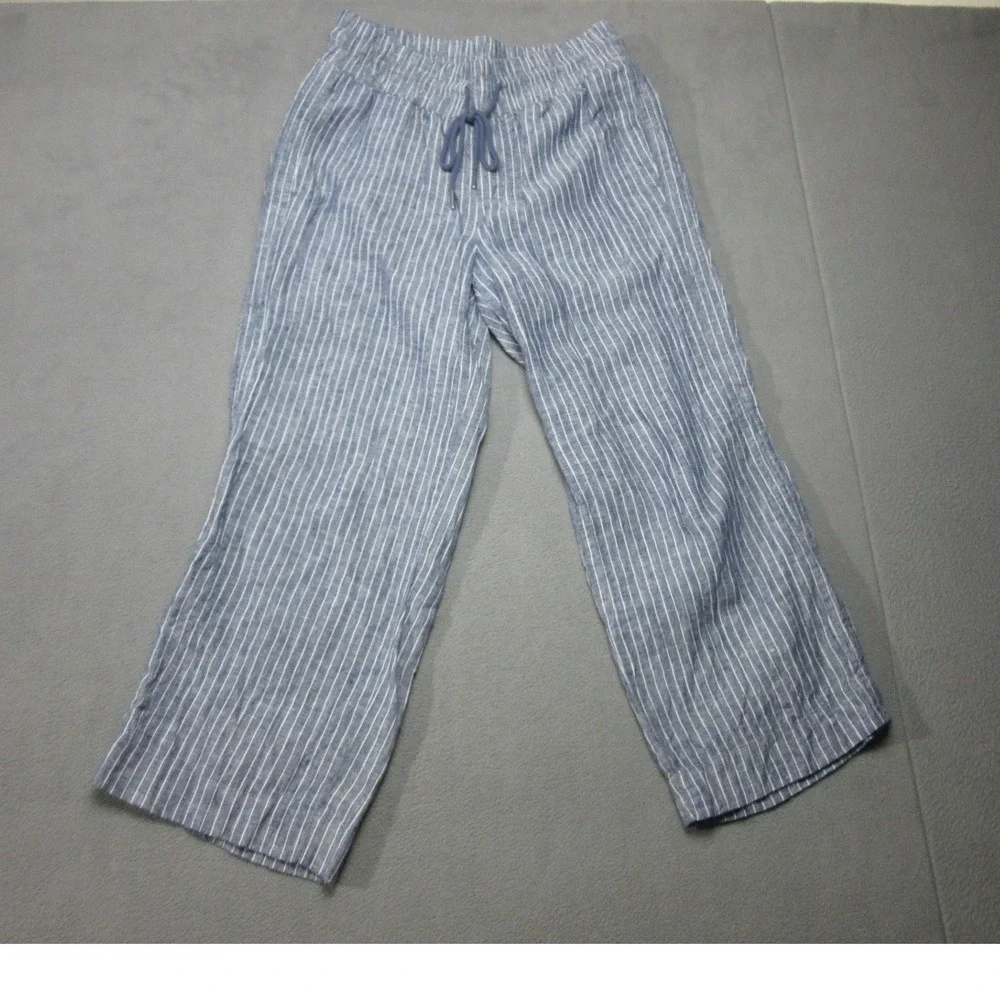 Quince Linen Pants Womens Medium Blue White Stripe Chambray Drawstring Wide Leg