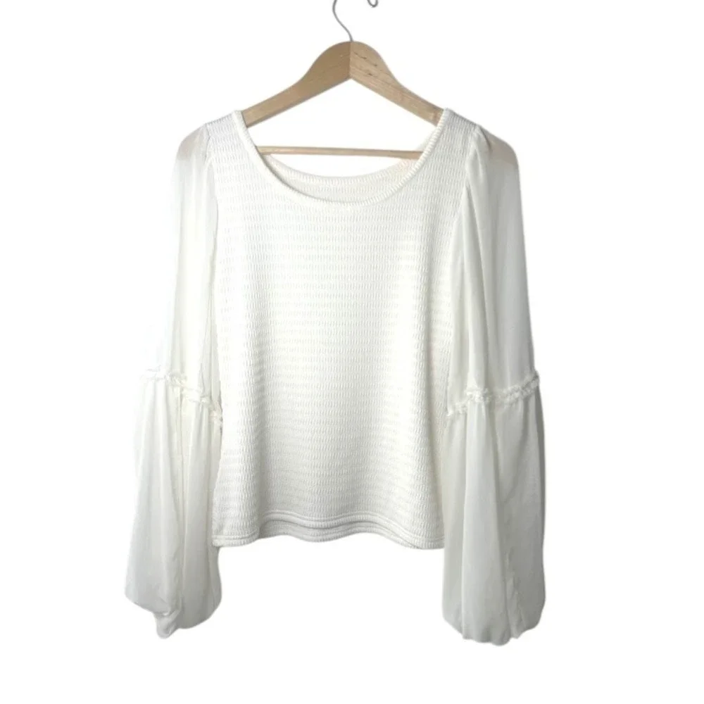 Anthropologie White Smocked Balloon Sleeve Blouse Top XL Boho Romantic