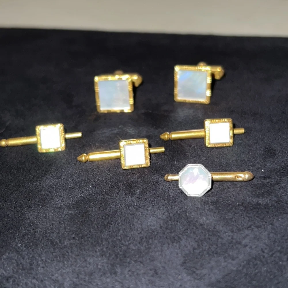 Antique gold tone mother of pearl cufflinks & Nu lok Swank studs tuxedo set