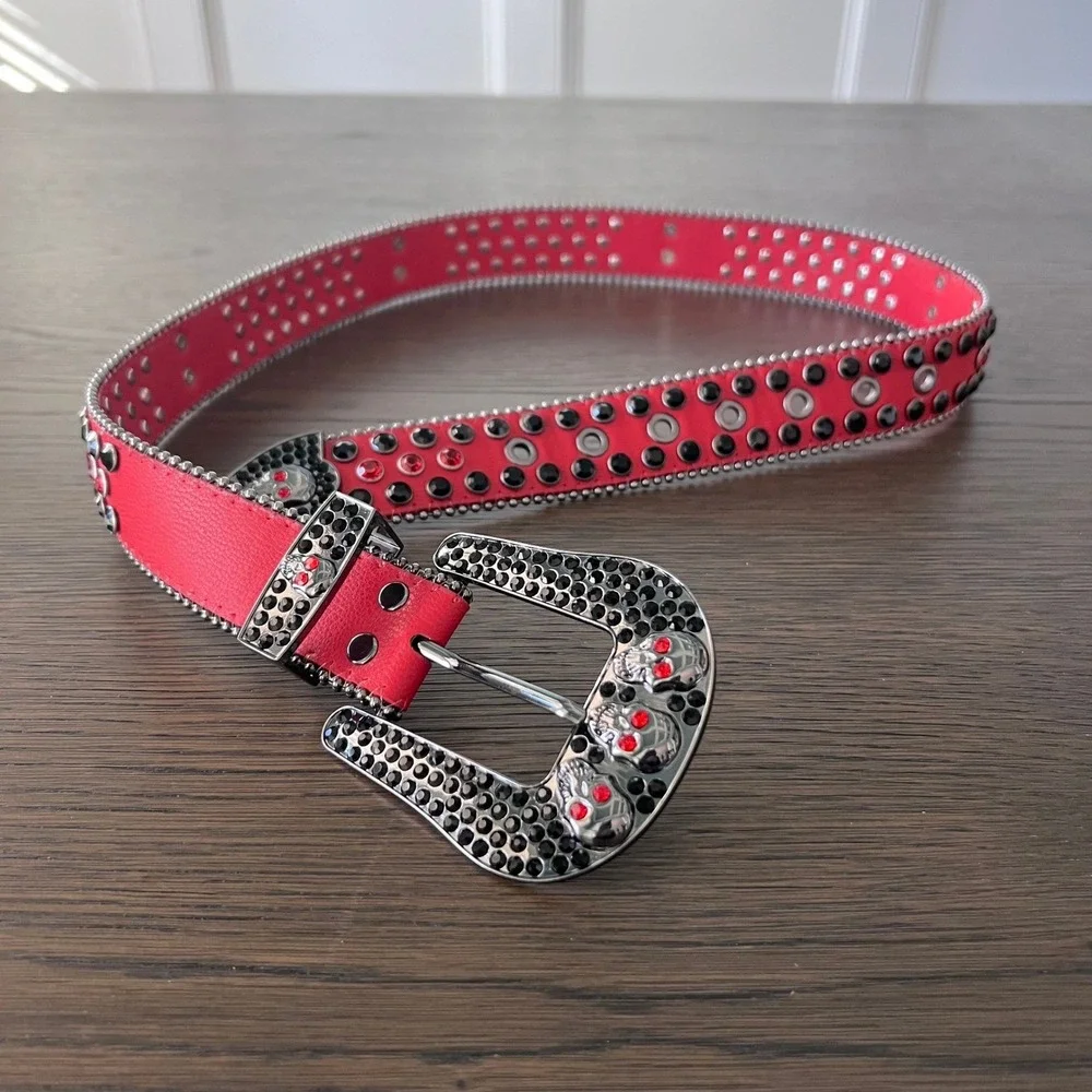 Hot Pink Red Rhinestone Skull Buckle‎ Western Sparkly Belt Women's Belt