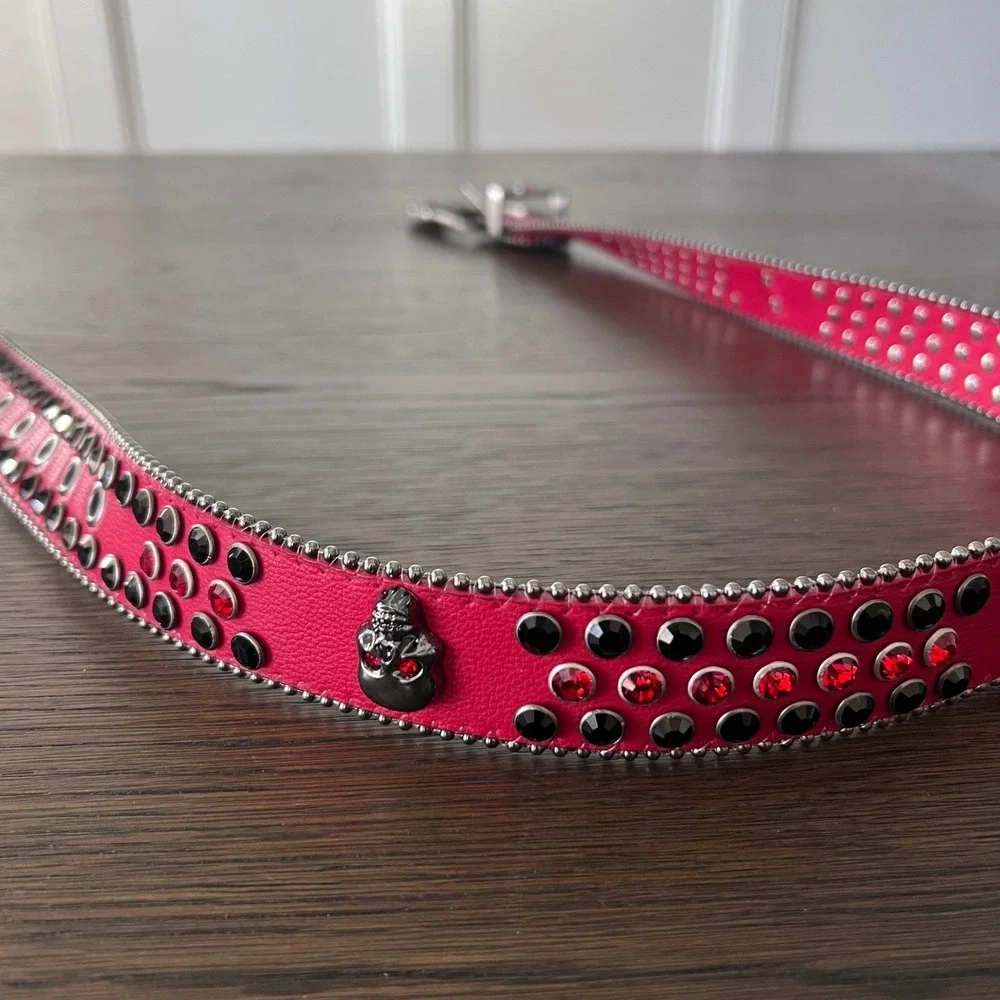 Hot Pink Red Rhinestone Skull Buckle‎ Western Sparkly Belt Women's Belt