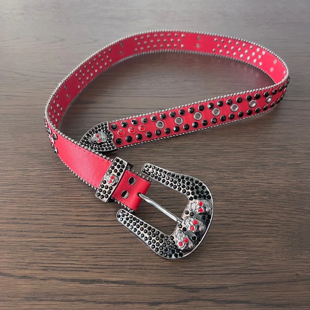 Hot Pink Red Rhinestone Skull Buckle‎ Western Sparkly Belt Women's Belt