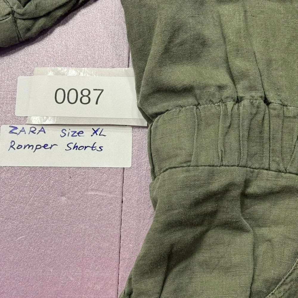 Zara‎ Romper Women XL Olive Green Button Front Utility Linen Blend Short