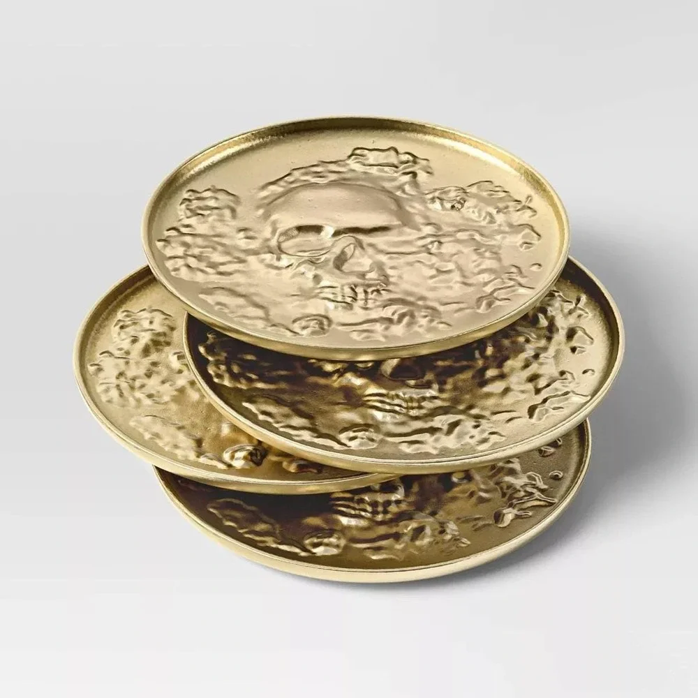 Threshold Gold‎ Skull Metal Coasters 4pk Embossed Round Gothic Halloween NEW