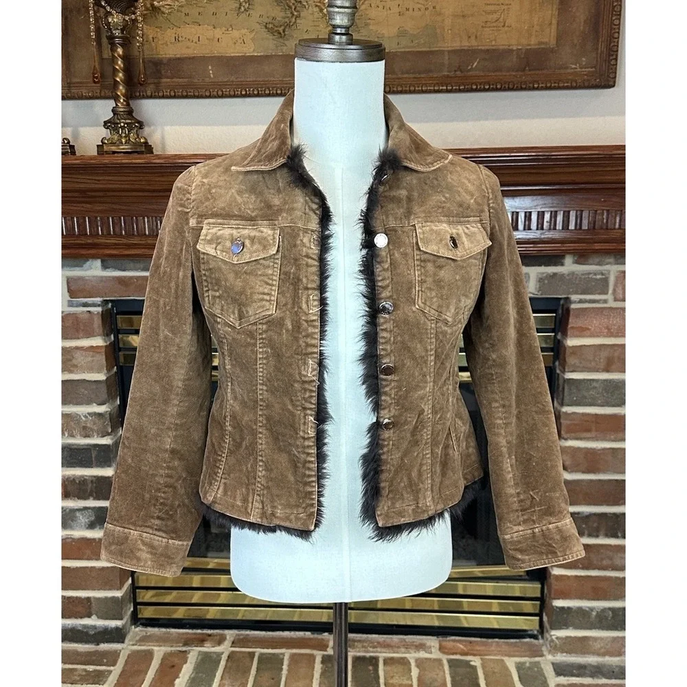 Vintage Y2K Brown‎ Corduroy Faux Fur Trim Jacket Girls Sz 12 Metal Buttons 2002