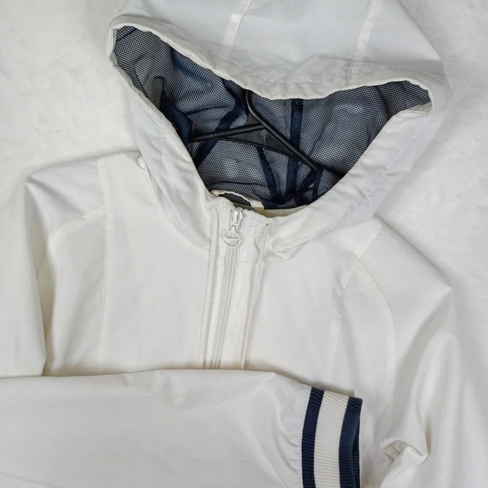Nike Windbreaker Jacket White Navy Blue‎ Striped Trim Full Zip Hooded Mens S