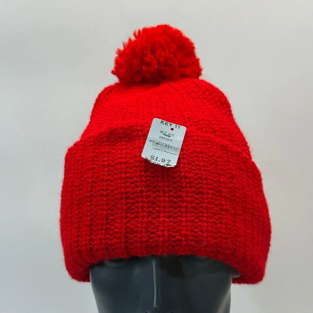 Vintage Kmart Beanie‎ Hat Adult Red Pom Pom Winter