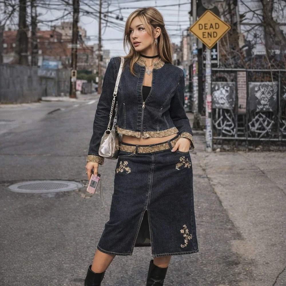 Willi Smith Denim Jacket & Embroidered Midi Skirt Set Boho‎ Artsy DS1
