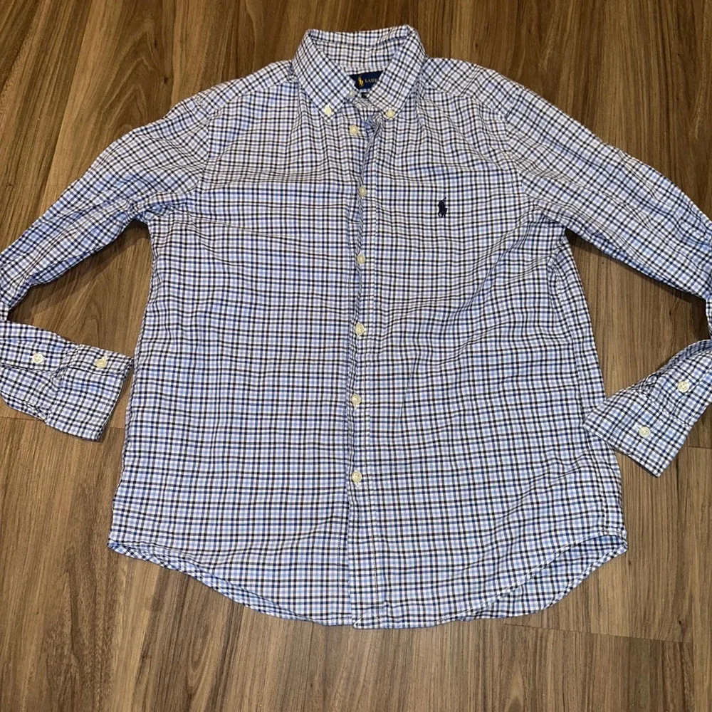 Ralph Lauren Button‎ Down Shirt Natural Stretch Checkered Plaid L (14-16)