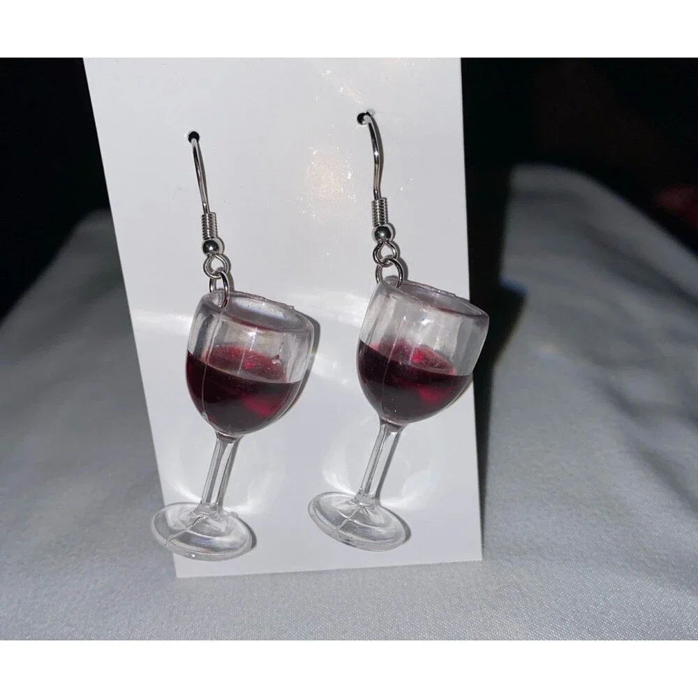 Earrings Wine Glass w/ Red Wine Dangle Lightweight Winery Party Drink‎ Whimsical