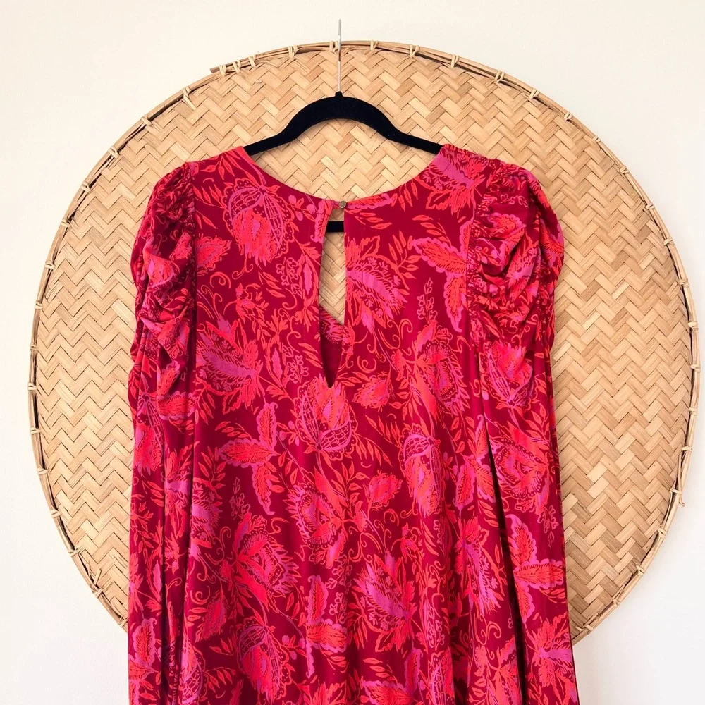 BOHO FREE PEOPLE HELLO LOVER V-NECK PUFF SLEEVE TUNIC DRESS FLOWY SILHOUETTE EUC