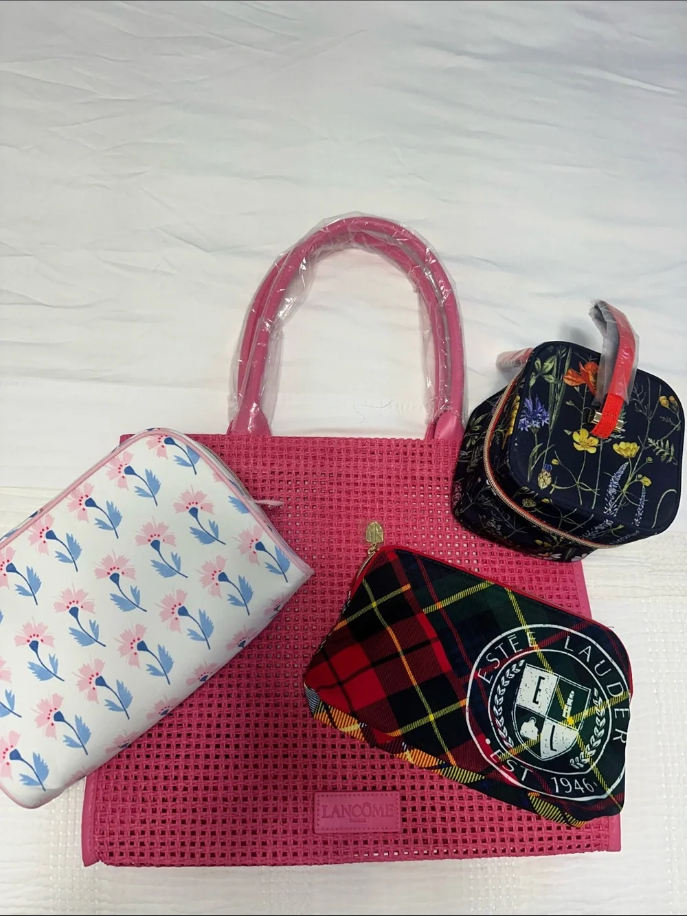 Estee Lauder COSMETIC BAGS - LANCOME Pink Woven Tote BUNDLE bags floral plaid