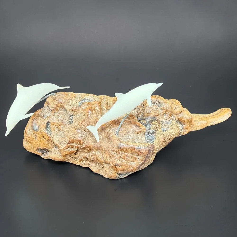 Dolphin Burl Wood Sculpture Two White Dolphins Jumping Coastal‎ Nautical Decor