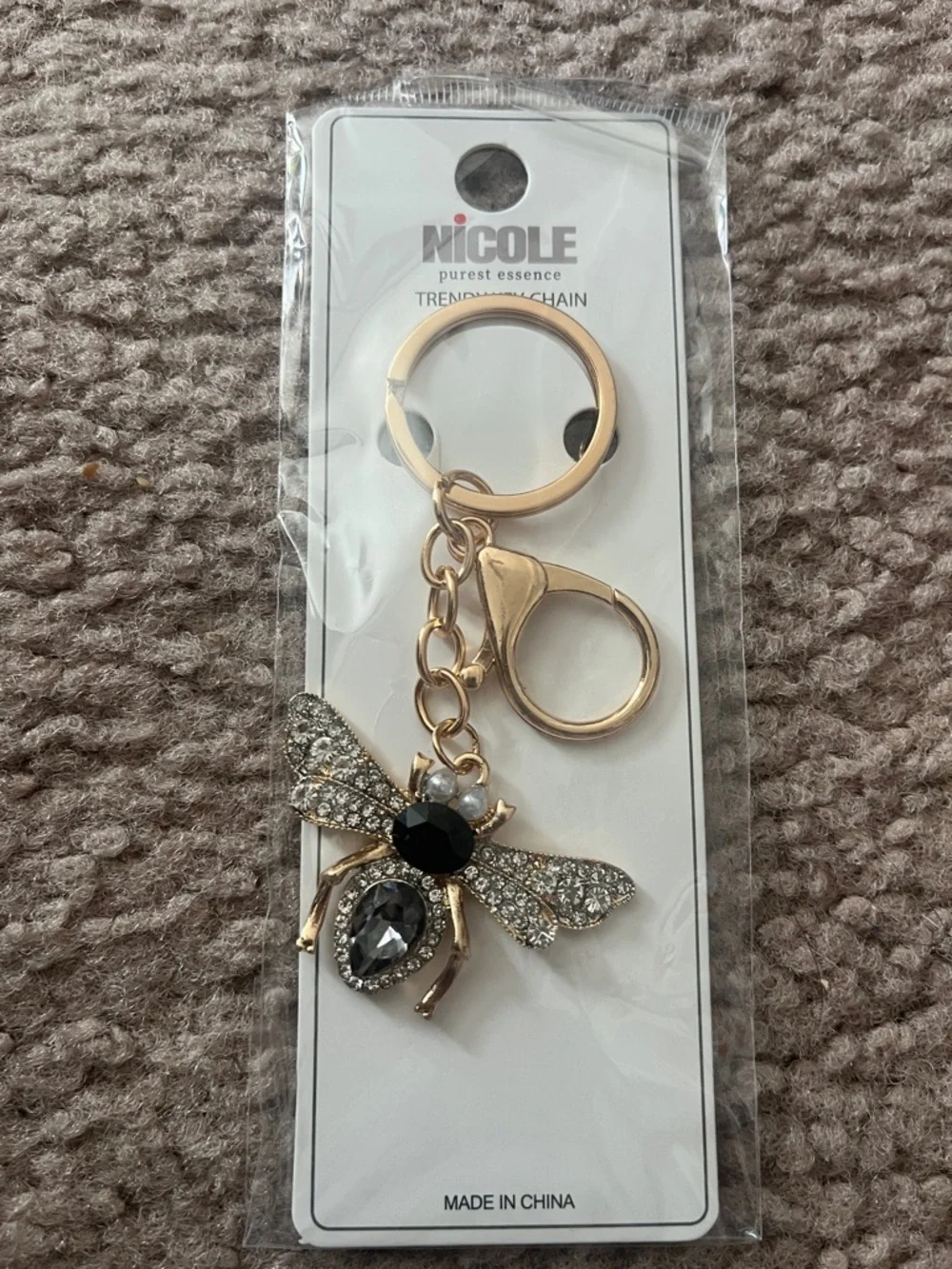 Nicole Gold Bee Keychain with Black and Clear Crystals