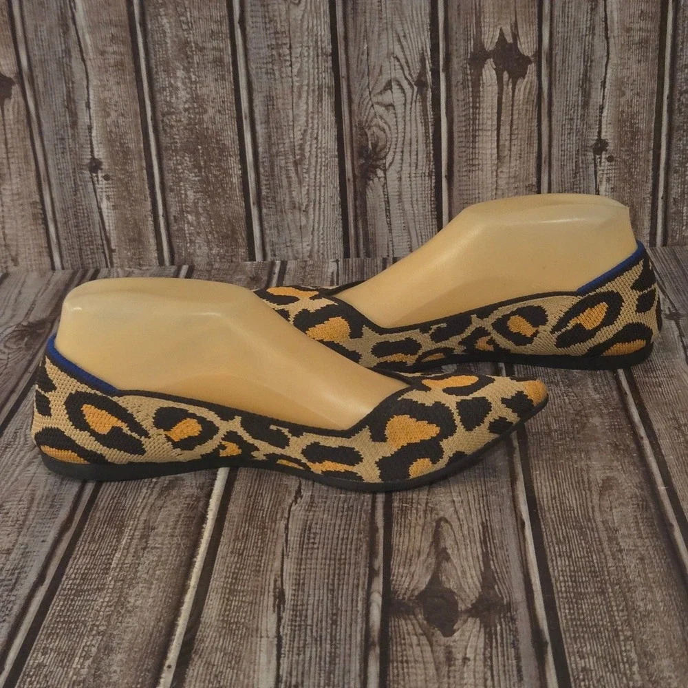 Sz 7 Rothy's The Point Big Cat Leopard Print Brown Tan Knit Flats Shoes VGUC!