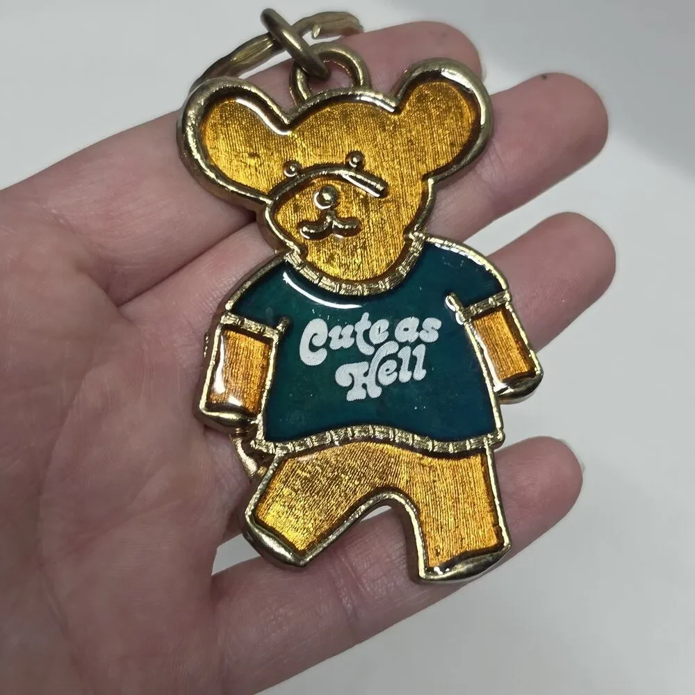 Vintage 80s Cute As Hell Teddy Bear Metal Keychain Key Ring Gold Green