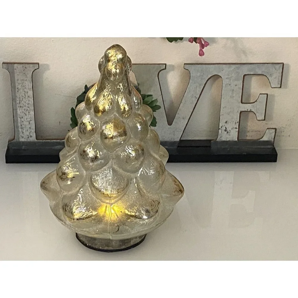 Pottery Barn Vintage Lighted Mercury Glass Christmas‎ Tree Gold Silver 7