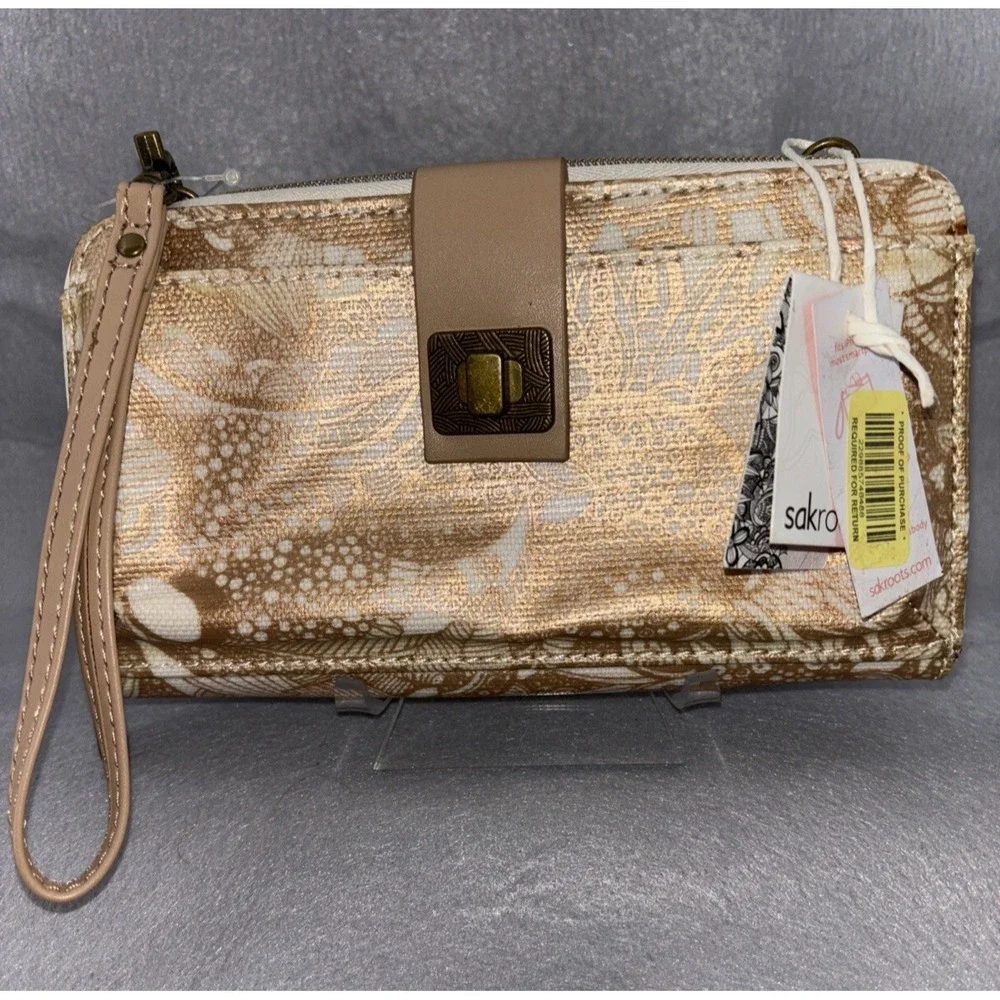 SAKROOTS Lg Smartphone Gold‎ Canvas Wristlet Zip Around Wallet NWT Missing Strap