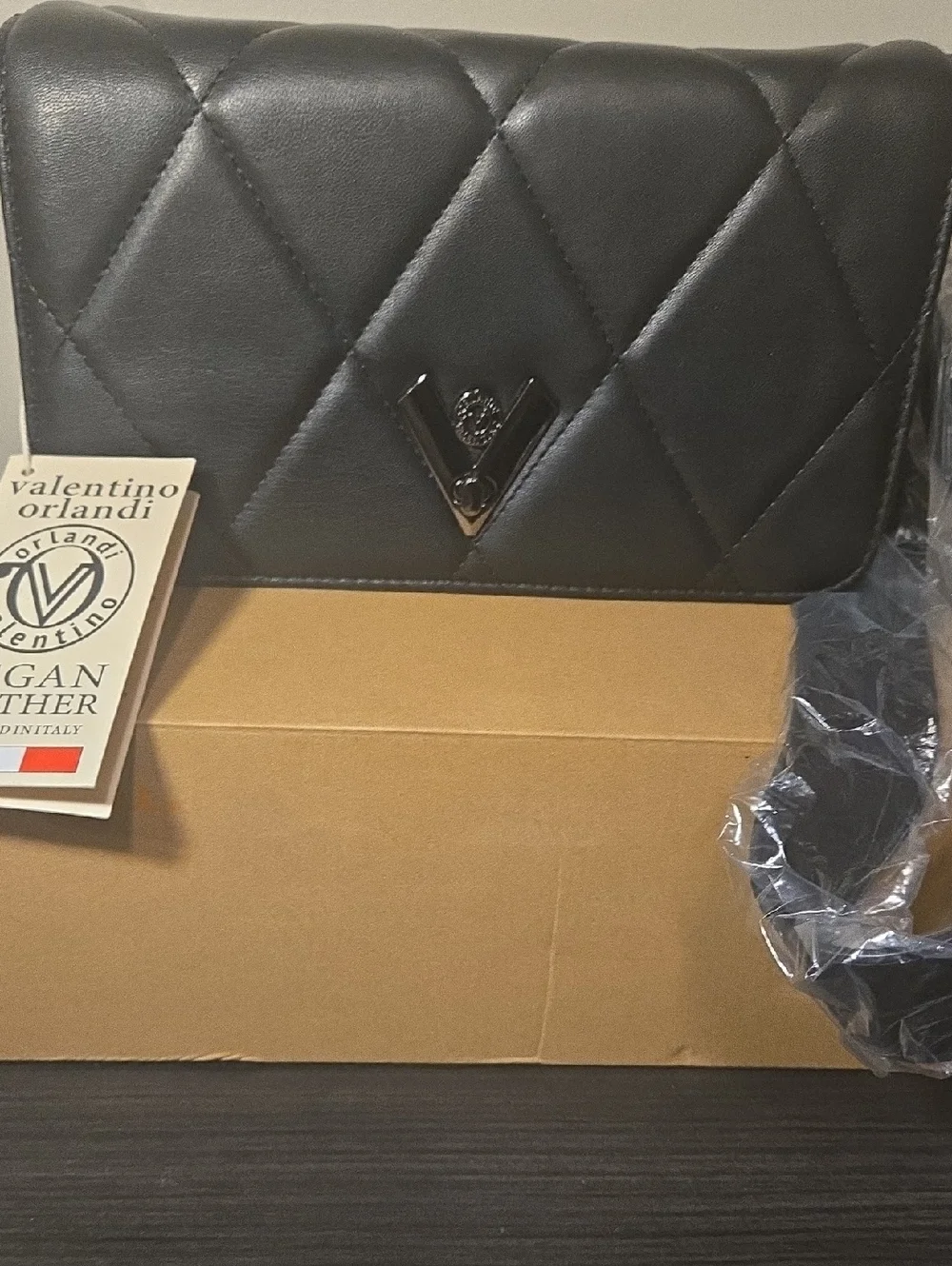 Valentino Orlandi Black Quilted Leather Crossbody with V Logo Retail 279.00 NWT