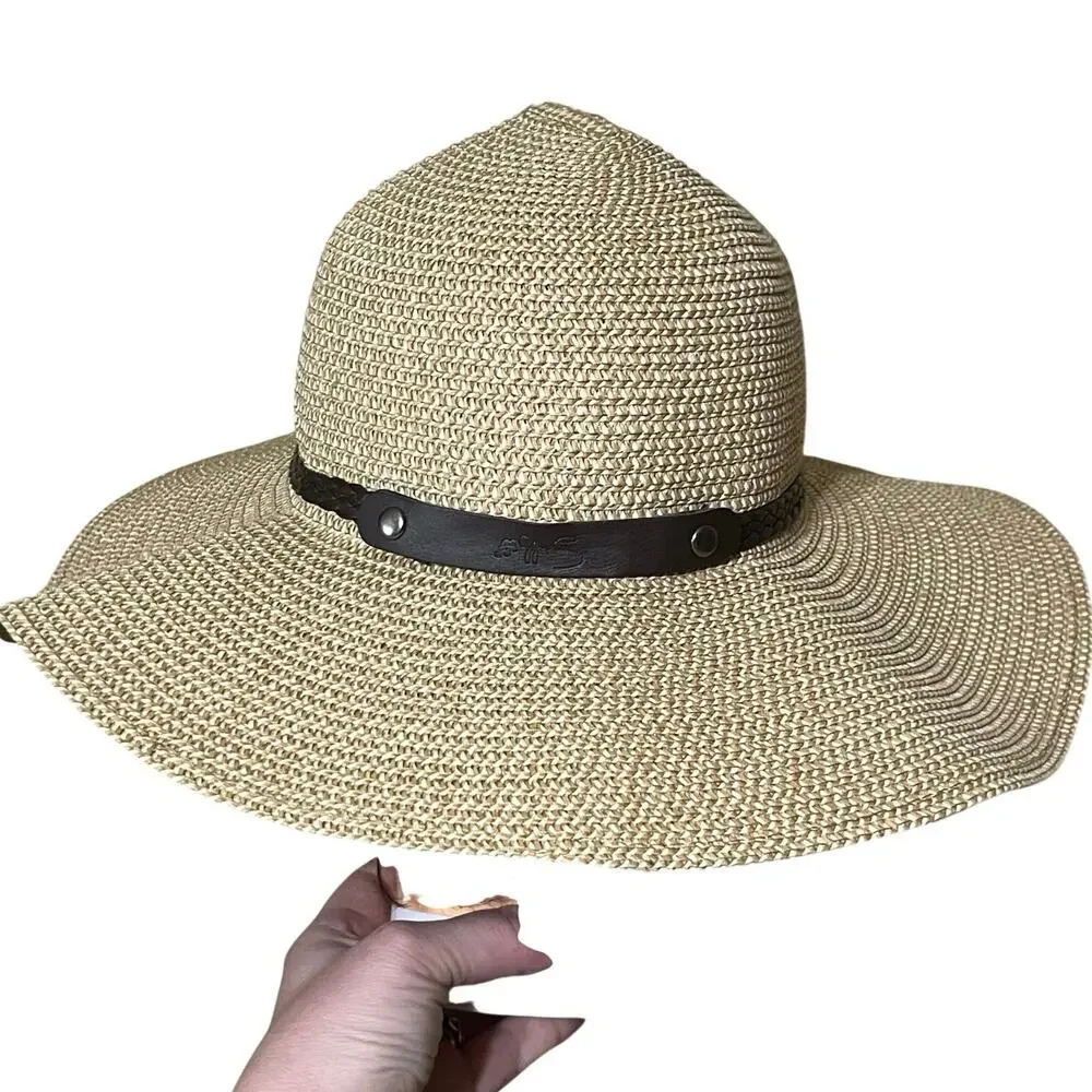 SunLily Wide Brim Straw Floppy Sun Hat Ladies OS Leather Trim Strap Boho Beach