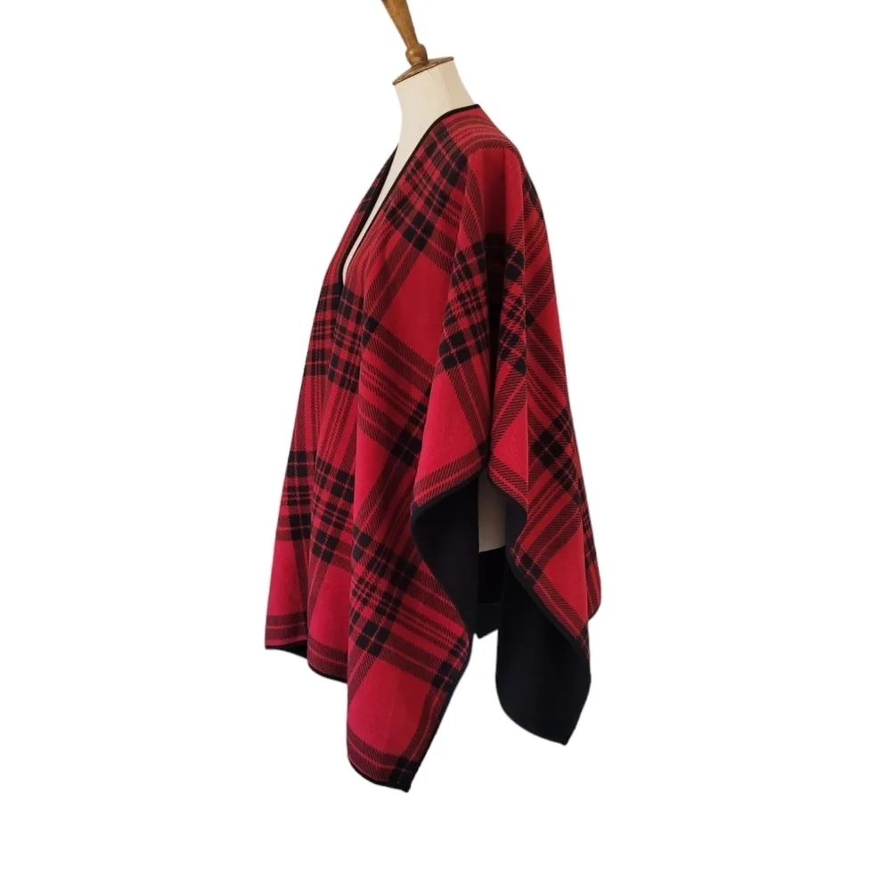 Woolrich Red‎ Black Tartan Blanket Shawl Reversible Cape