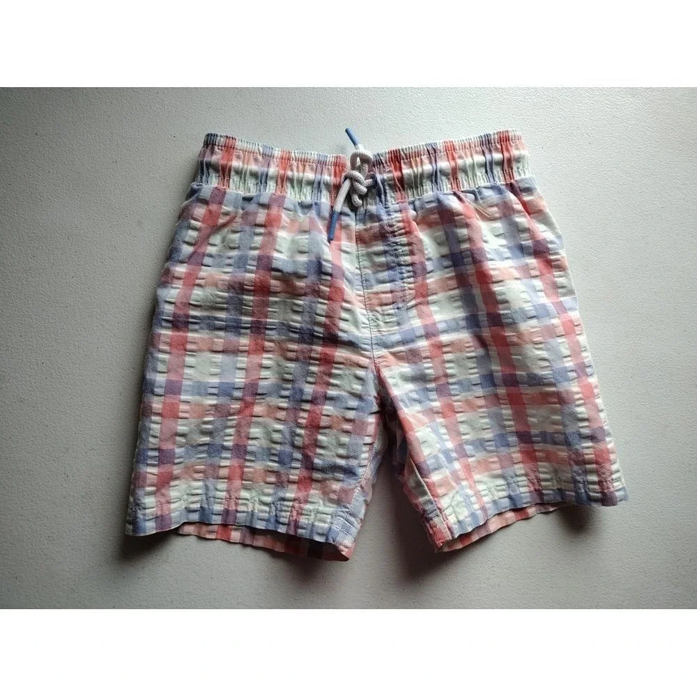 Cat & Jack Plaid Swim Trunks Shorts Kids Size 5T Blue Red White Elastic‎ Waist