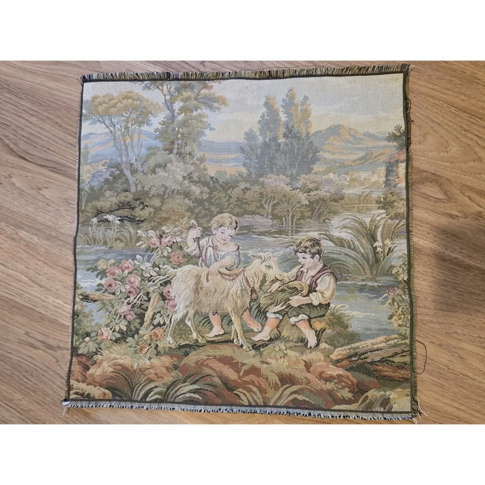 Italian Woven Tapestry With Goat And Children. Pillow Or Wall Hanging. 19