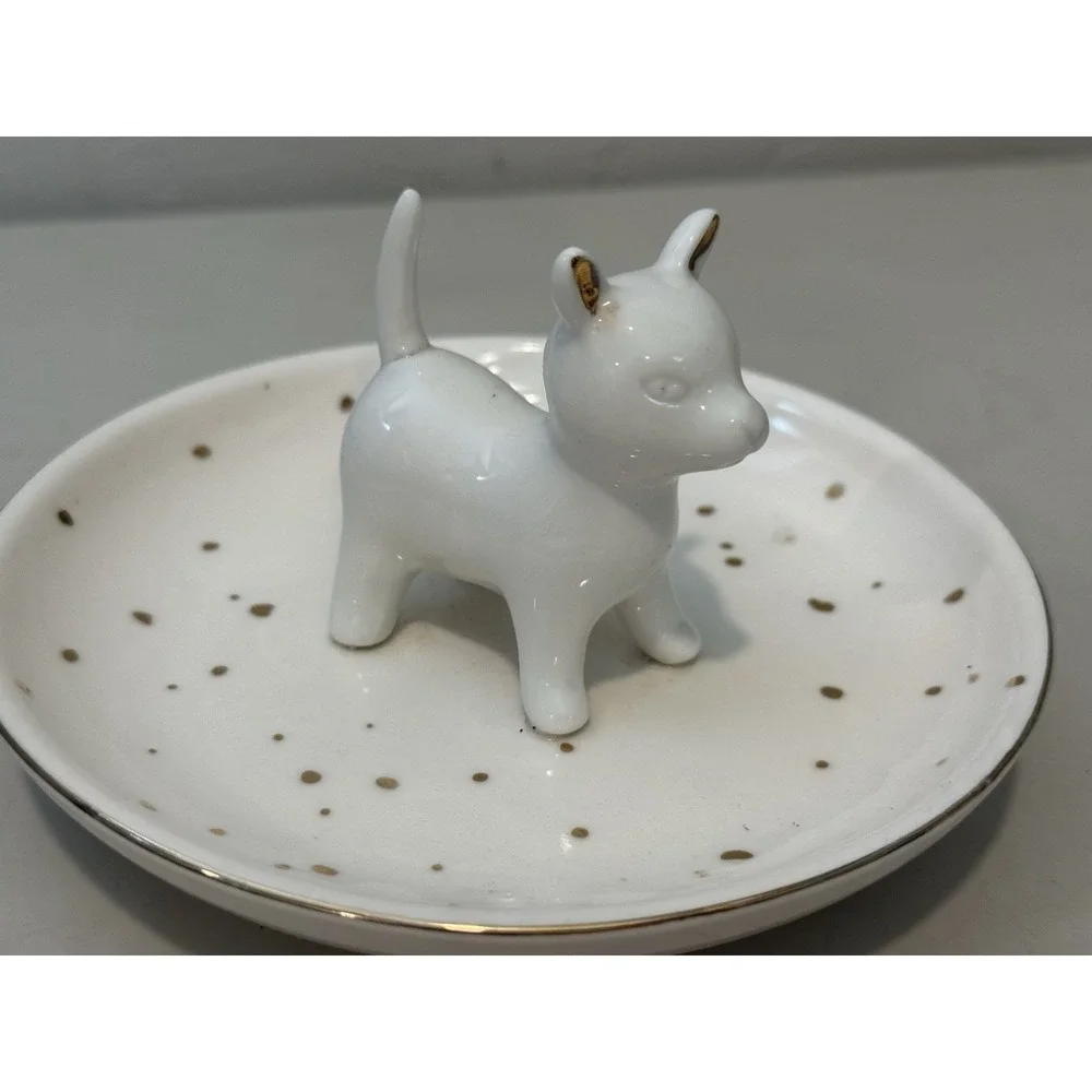 Cat Dish Ring Holder White With Gold Trim and Polka Dots