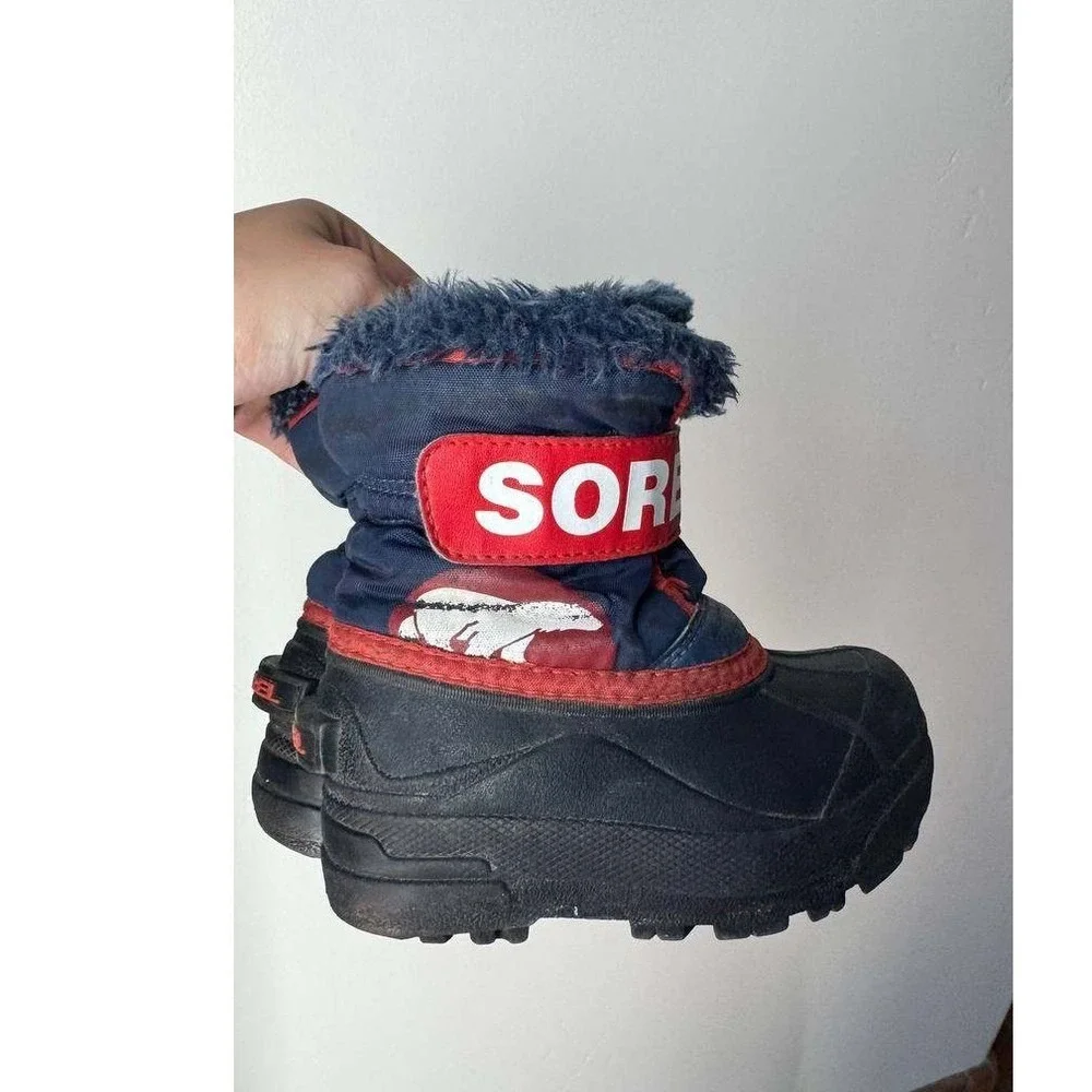 Sorel Snow Commander Toddler 7 Navy Red Snow Boots Bear Graphic Y2K Outdoor