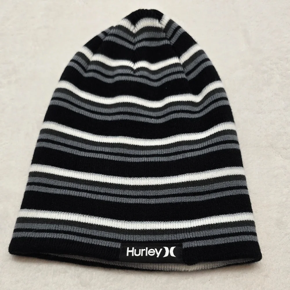 Hurley Striped Beanie‎ Y2K Streetwear Black Gray Youth Hat