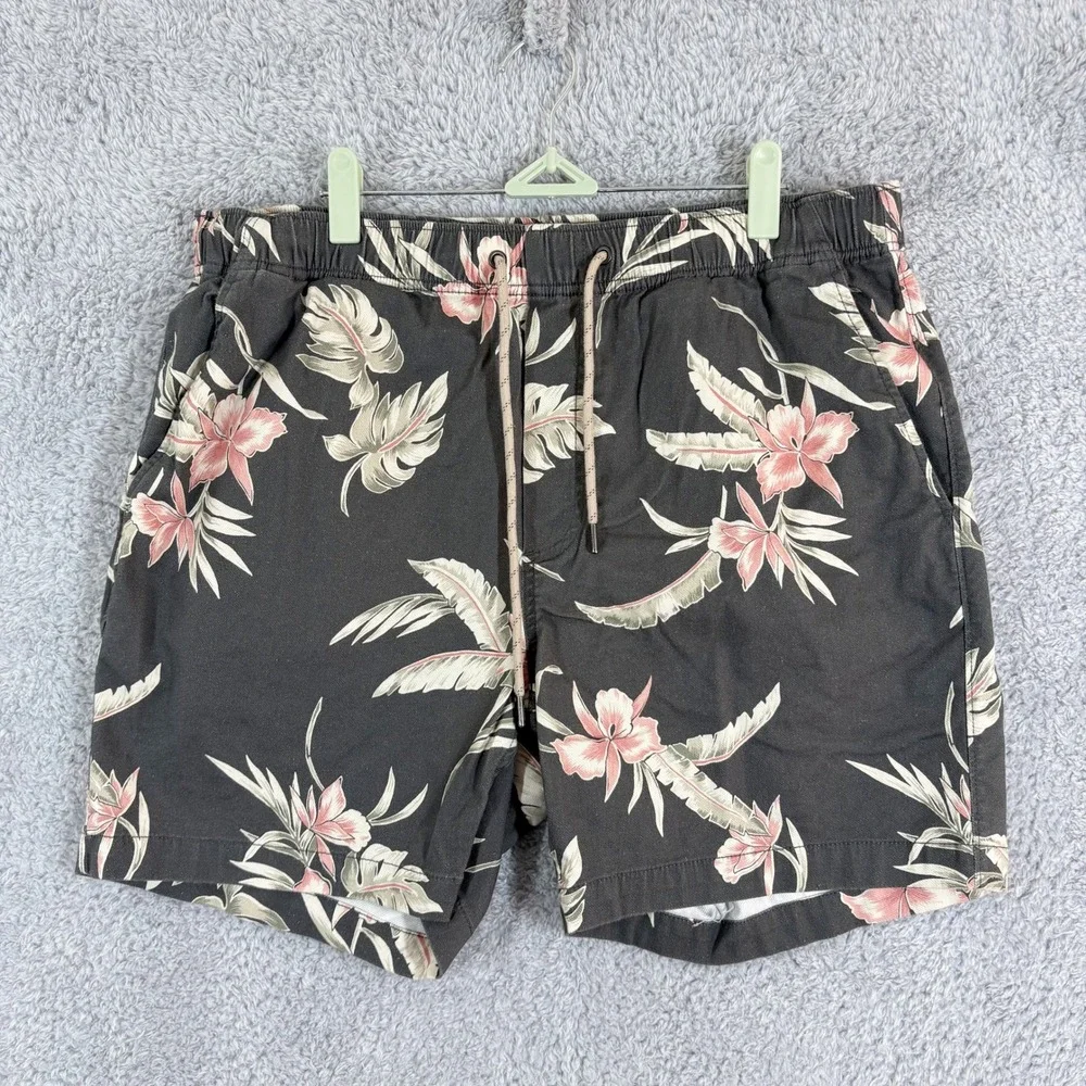 Faherty Essential Drawstring Stretch Shorts Mens Size XL Gray Floral Linen Blend