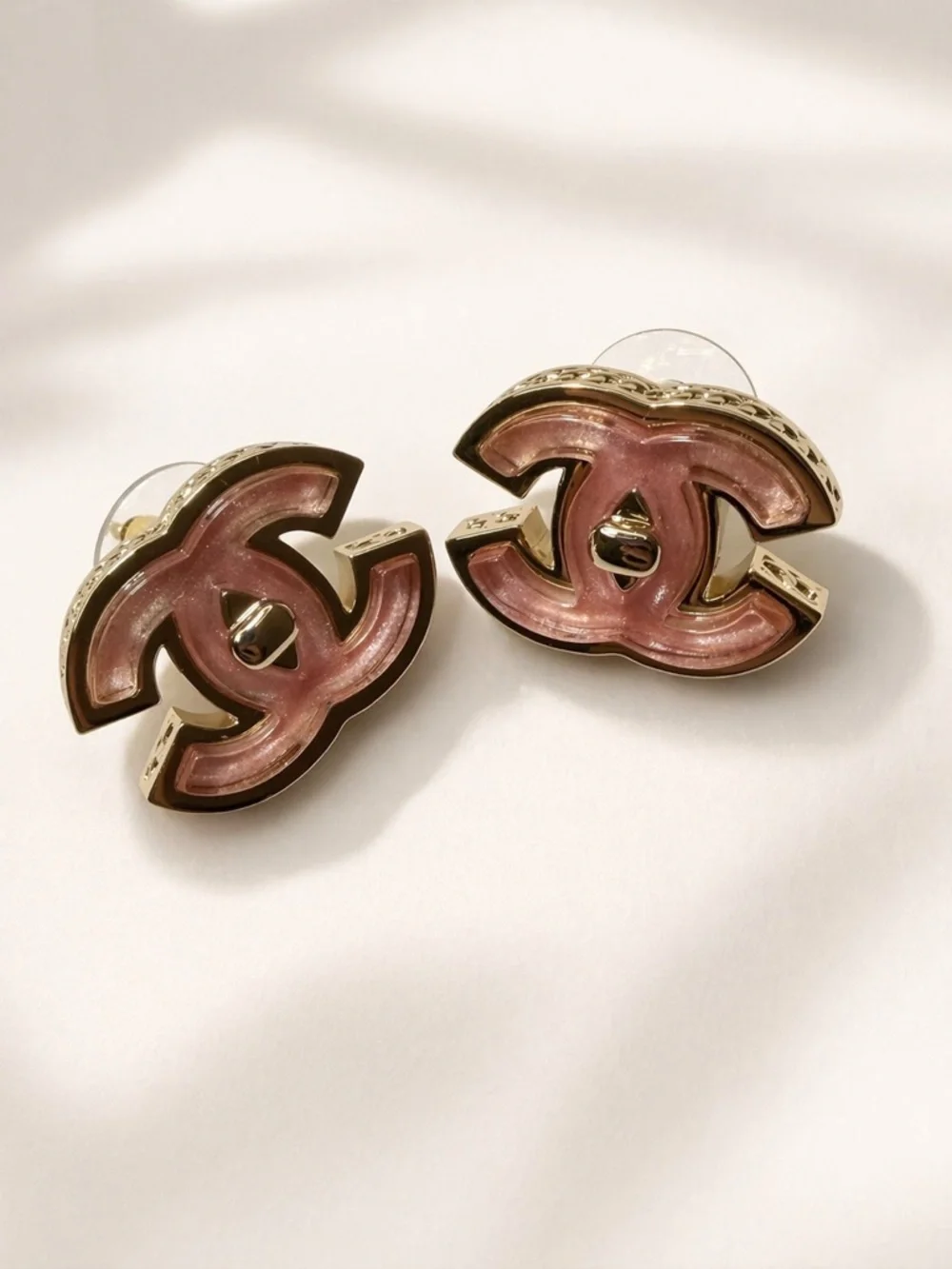 Chanel Pink And Gold Enamel CC Earrings
