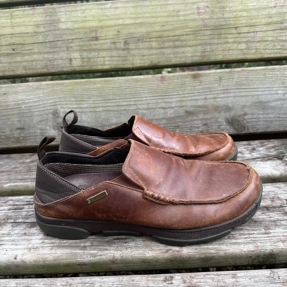 OluKai Na'i WP Waterproof Leather Slip On‎ Loafers Brown Size US 10 EUR43