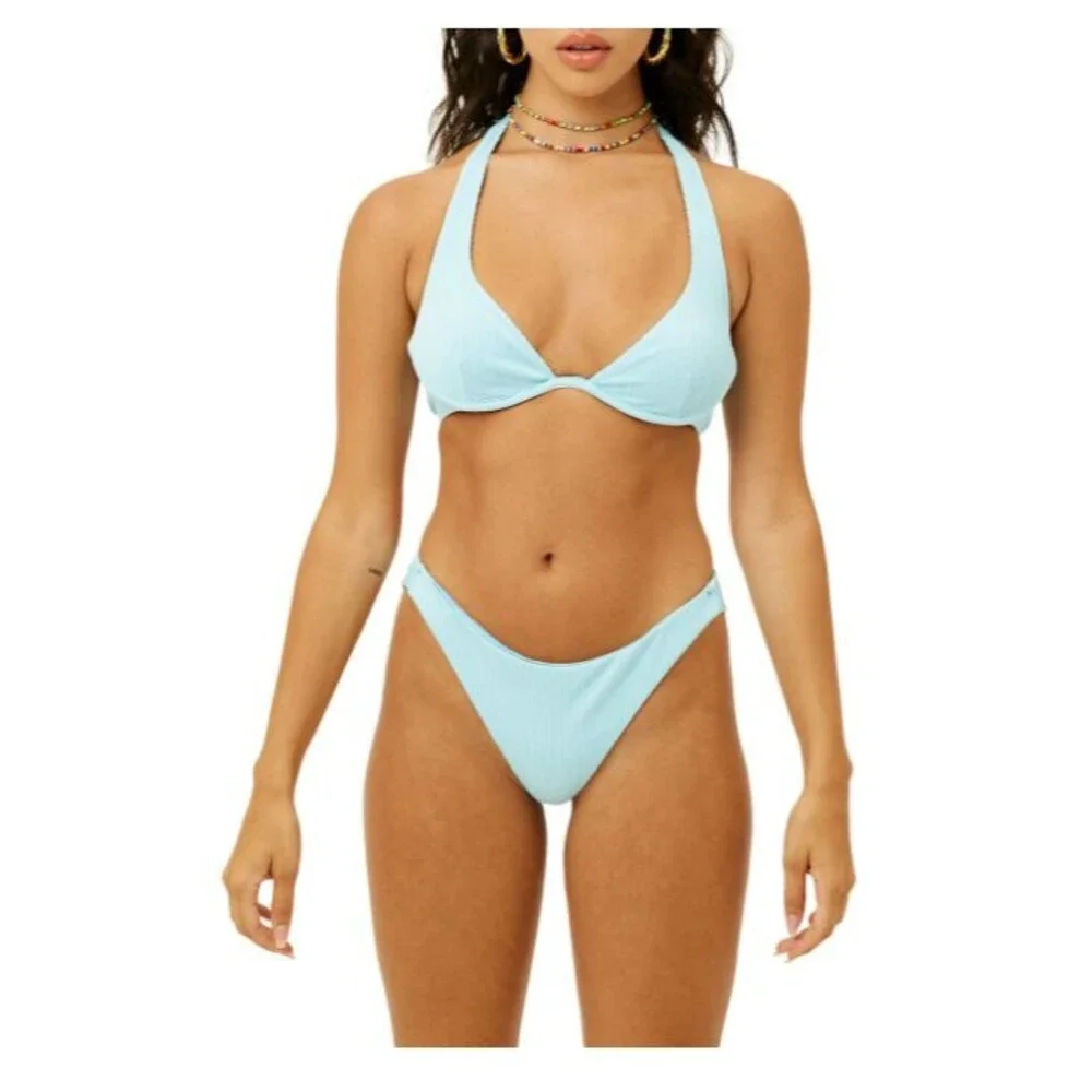Frankies Bikinis Stardust Womens Baby Blue  Plisse Bikini Top Size XS      11103