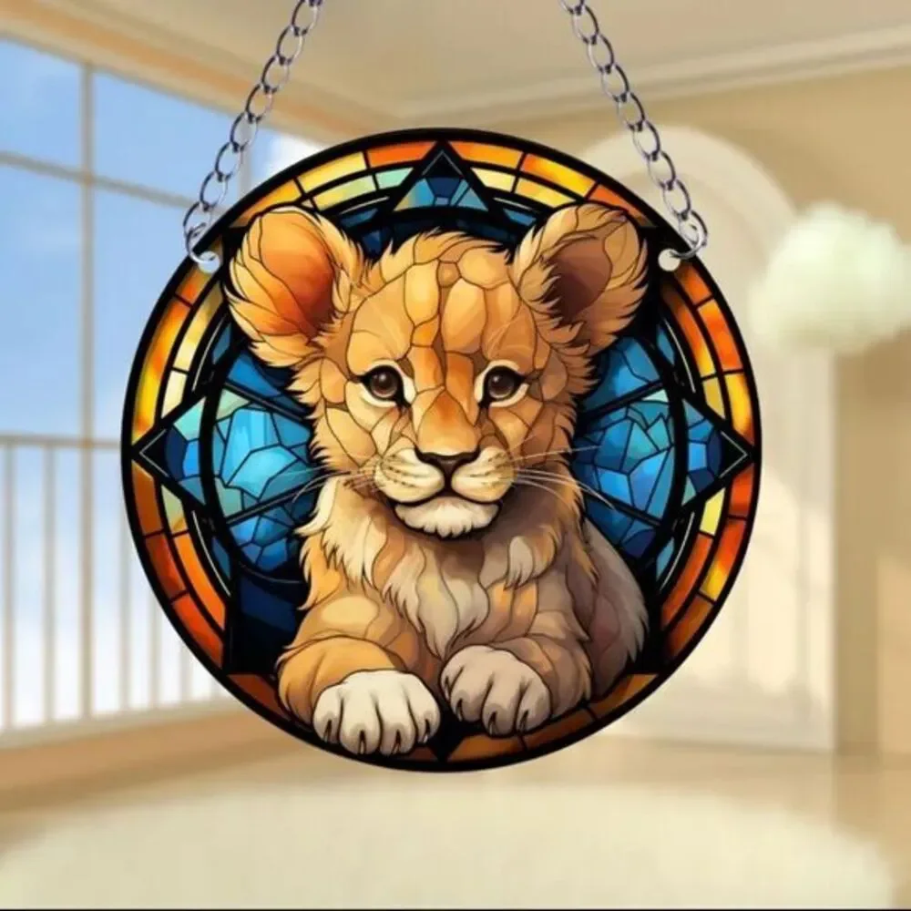 Baby Lion Acrylic Sun-Catcher Pendant with Hanging‎ Chain 5.9 ×5.9 Inches