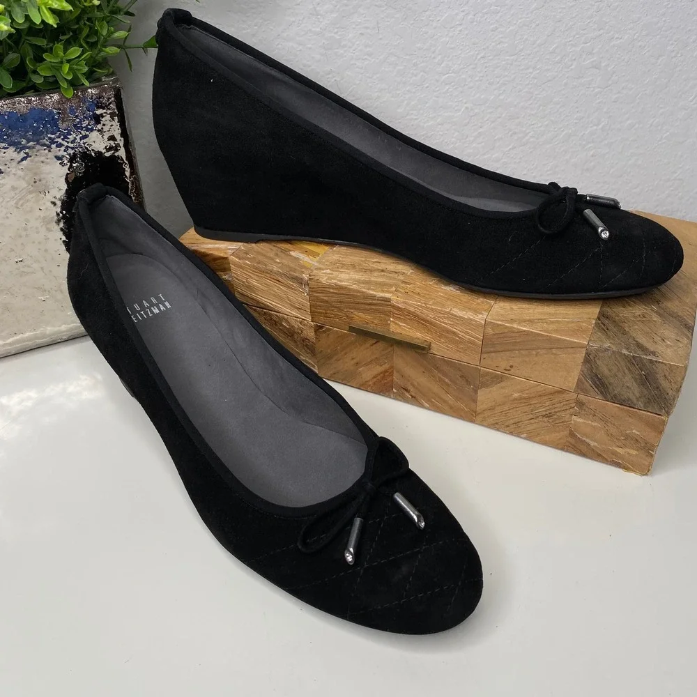 Stuart Weitzman Quilty Black Suede Quilted Bow Wedge Heels Luxury Shoes Size 11N