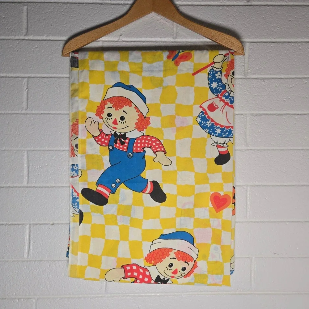 Vtg Bobbs-Merrill Raggedy Ann Andy Queen Flat Sheet Yellow Checkerboard 65x94