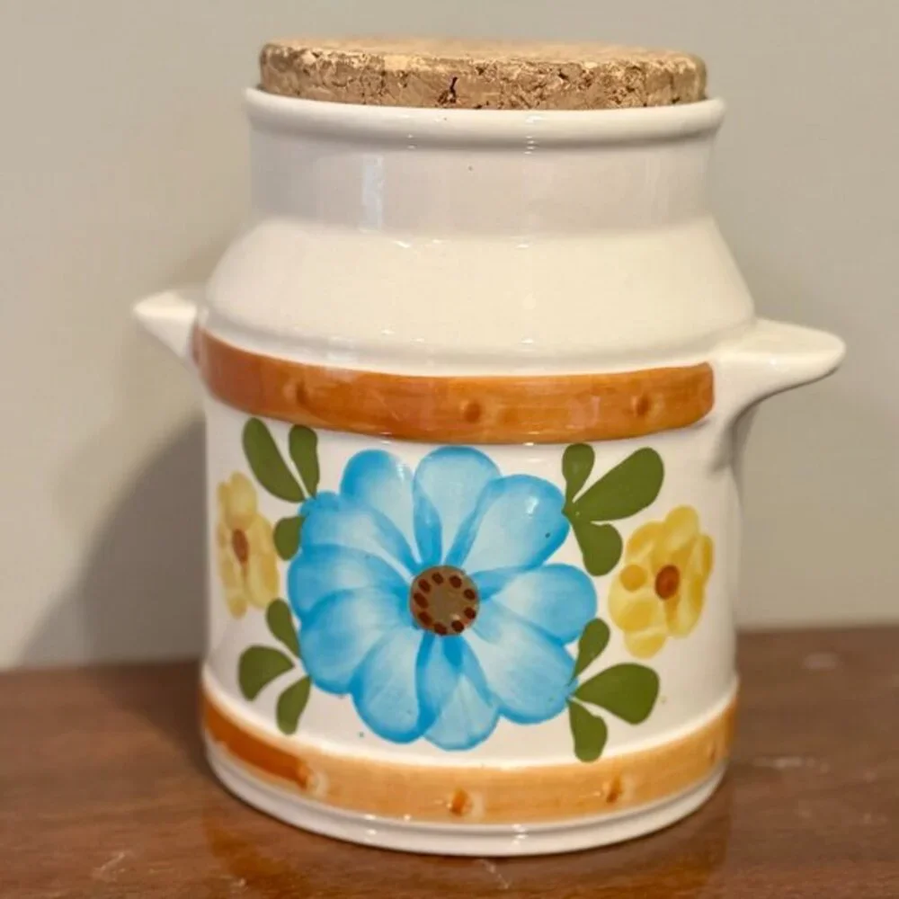 🌼 Vintage FTD Stoneware Canister with Cork Lid – with Reinforced Bottom