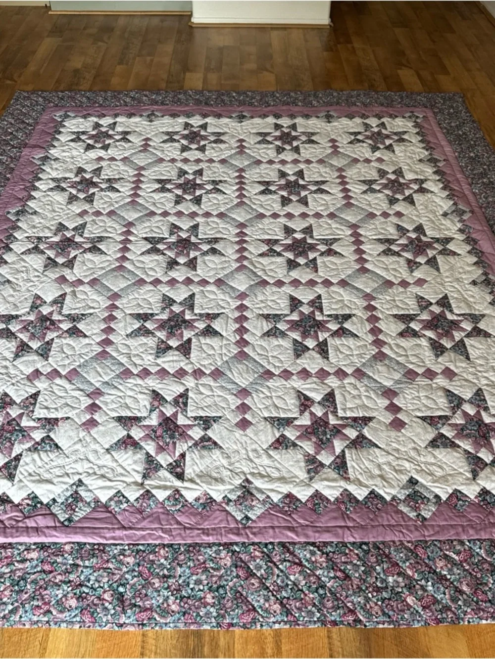 Large Handmade Star Quilt 105 x 90 Oversized Queen King Size Quilted Bedspread