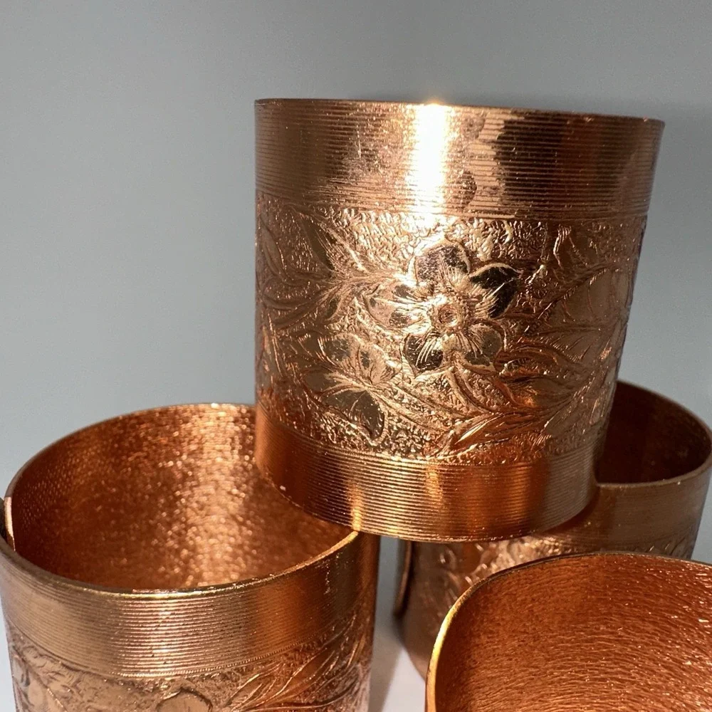Coppercraft Guild Napkin Rings Copper Floral Embossed Set of 4 Boxed