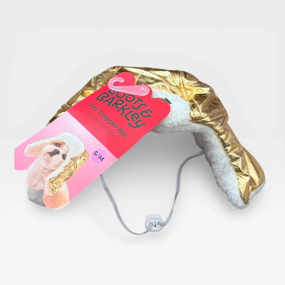 Boots & Barkley Gold Metallic Pet Trapper Hat Faux Fur Lining S/M Up to 40 lbs‎
