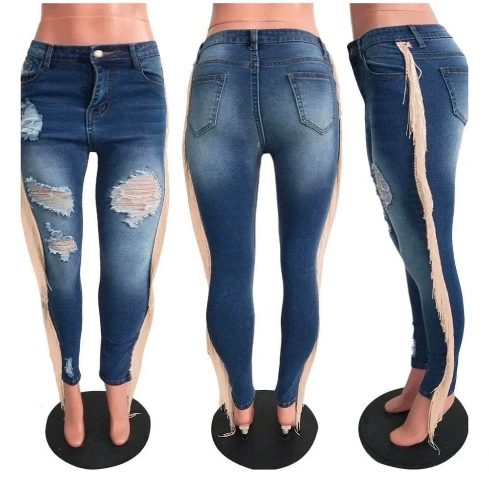Plus Size Fringe Distressed‎ Skinny Jeans XXXL Boho Western Stretch Denim