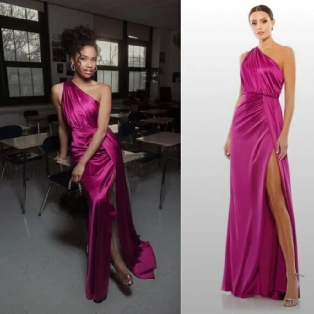 NWT Mac Duggal Dress One Shoulder Satin Ruched Gown in Berry 26654