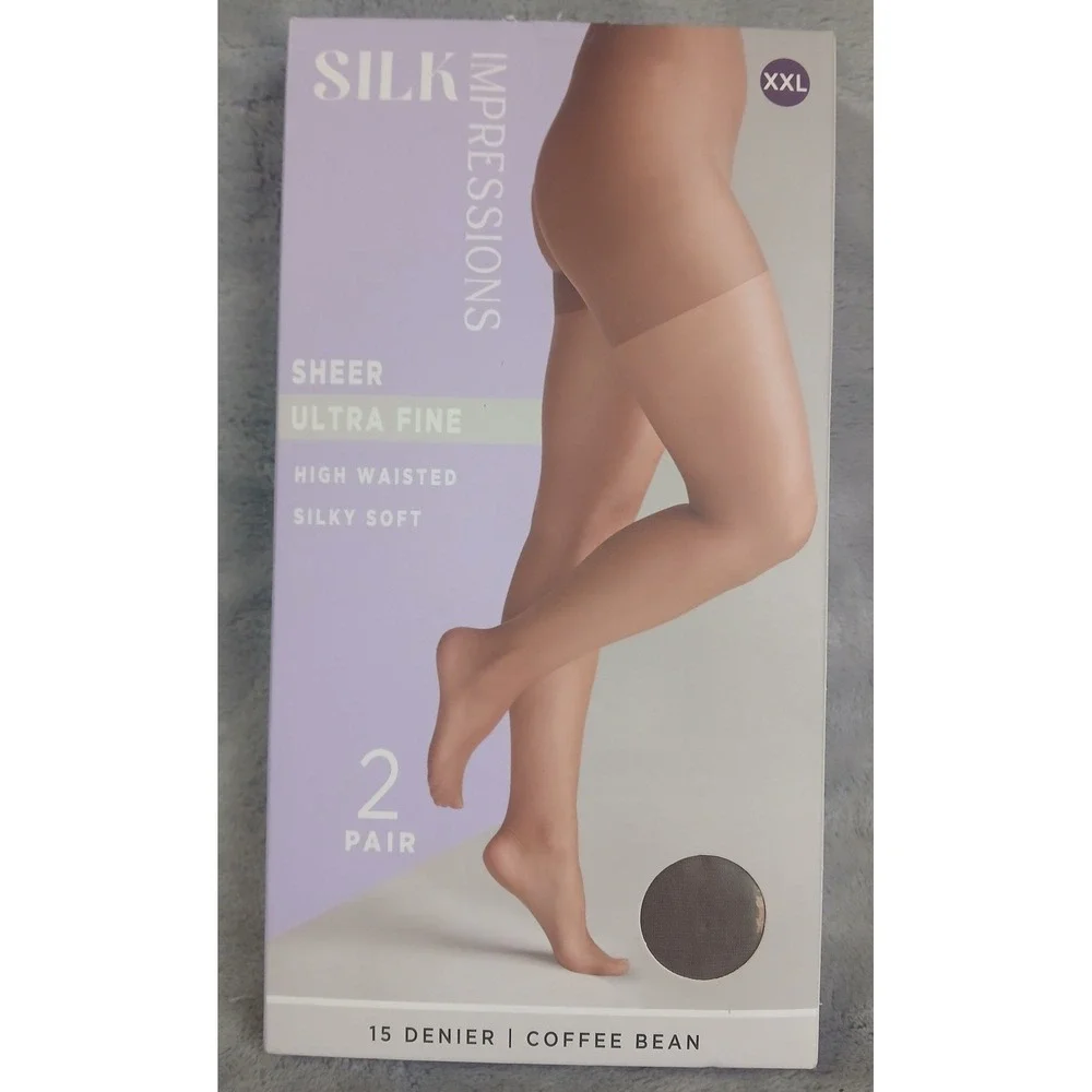 Silk Impressions Sheer Ultra Fine High Waisted Pantyhose 2 Pair Coffee Bean‎ XXL