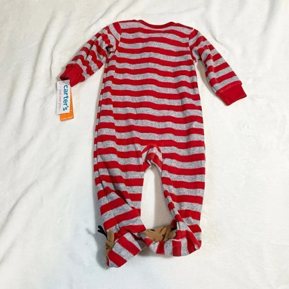 5/$25 NEW Carter's 6m Red Grey‎ Stripe Reindeer Fleece Footed Pajamas Sleeper