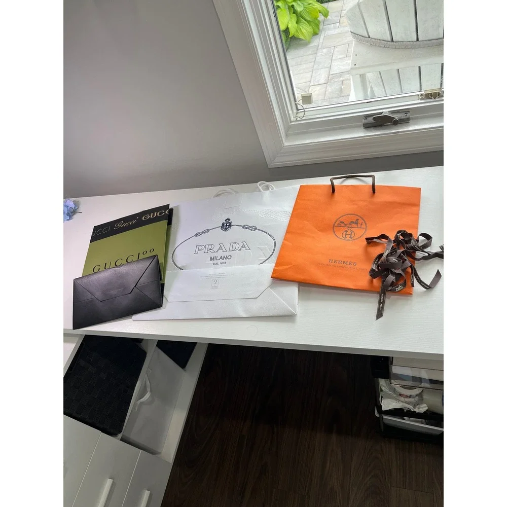 Lot of 3 Hermes Prada Gucci 100 Designer Shopping Bag Bundle w Hermes Ribbon
