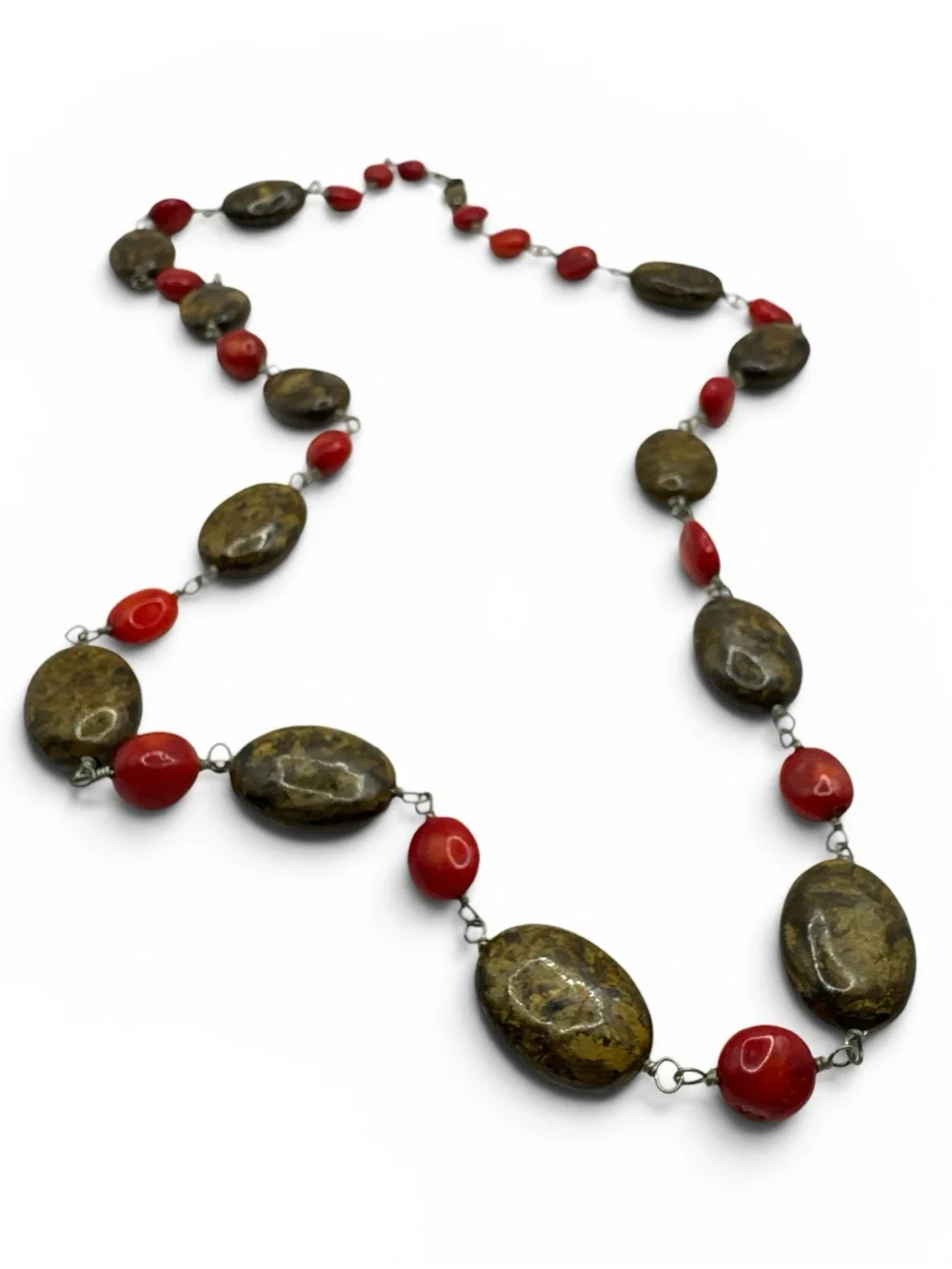 Vintage Sterling Silver Red Coral Tiger Eye Necklace Tiger Eye Necklace 27”