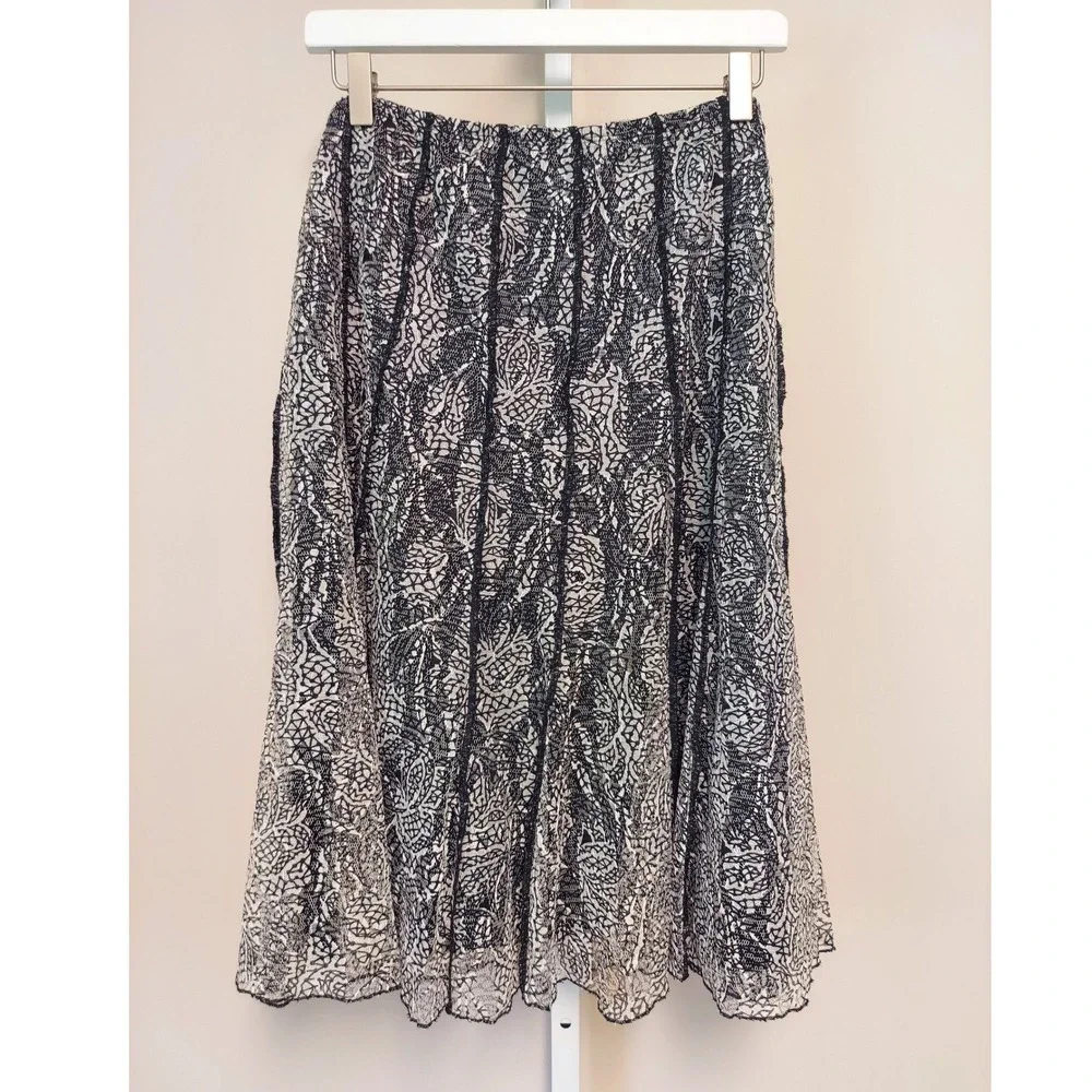 Coldwater Creek Black White Lace Midi‎ Skirt Elastic Waist L 14 Floral Paisley