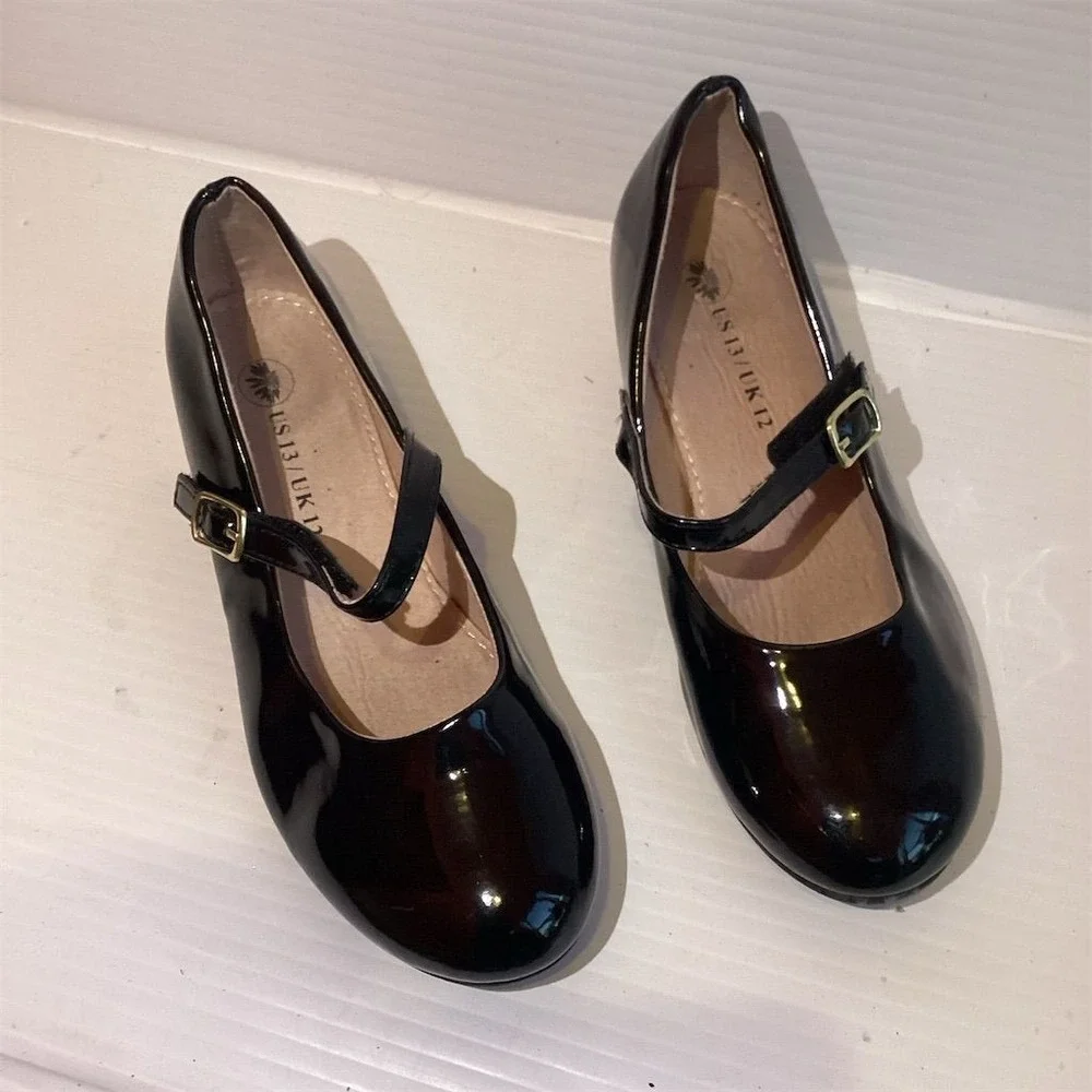 Girls' Black Mary‎ Jane Flats with Buckle Ankle Strap Size 13